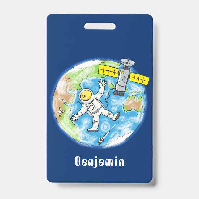 Crachá Astronauta engraçado no espaço e na banda desenhad (Frente)