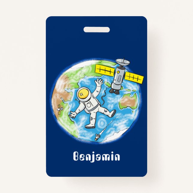 Crachá Astronauta engraçado no espaço e na banda desenhad (Frente)