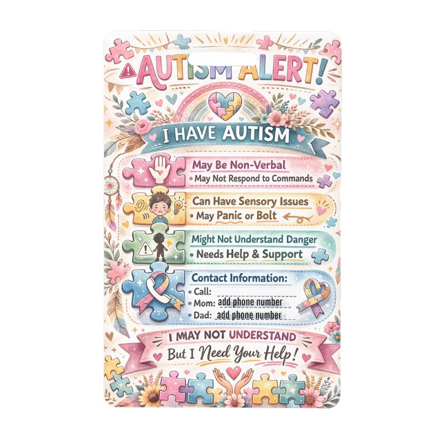 Crachá Autism Alert Nonverbal Autistic Contact Badge (Autism Alert Nonverbal Autistic Contact Badge)