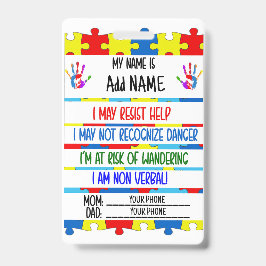 Crachá Autism Alert Nonverbal Autistic Contact Badge