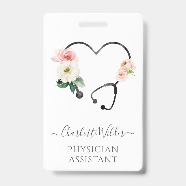 Crachá Auxiliar Médico Estetoscópio Floral (Frente)