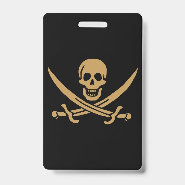 Crachá Aztec Dourado Crânio e Cutlass Pirata Calico Jack (Frente)