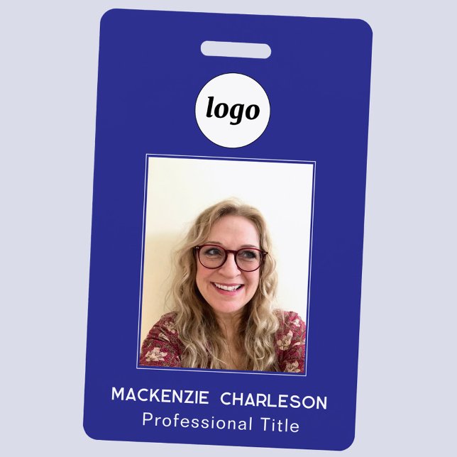 Crachá Azul de Negócios com ID de Foto Simples (Simple logo with custom text business branding promotional photo id name badge or tag)