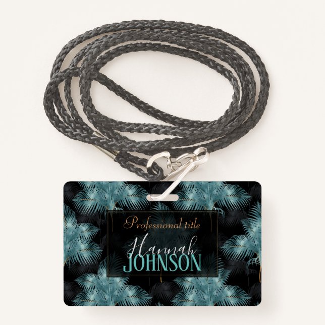 Crachá Azul-Dourado-metálico tropical e folhas de palma n (Frente com cordão)