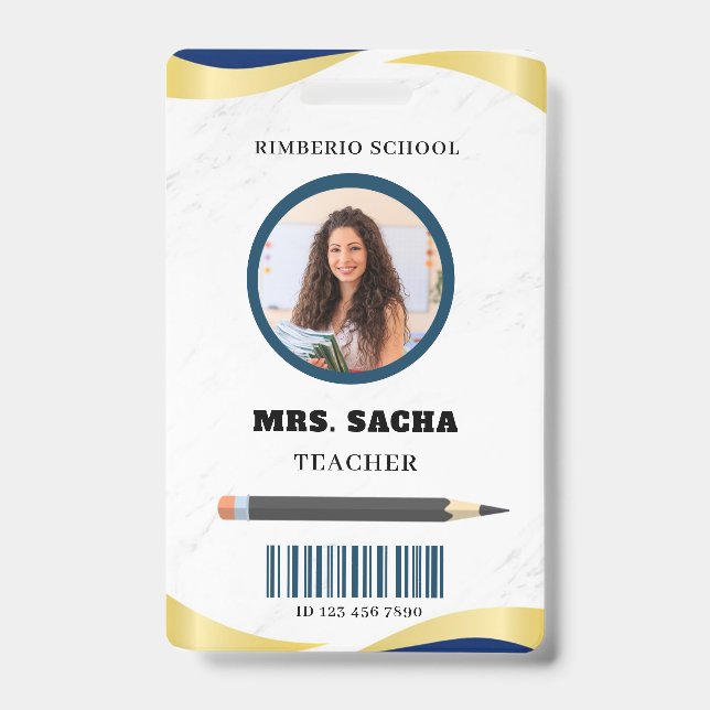 Crachá Azul e Dourado Empresa Moderno Retrato de Professo (Frente)
