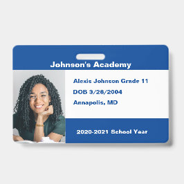 Crachá Azul Faça você mesmo Foto personalizada da escola 