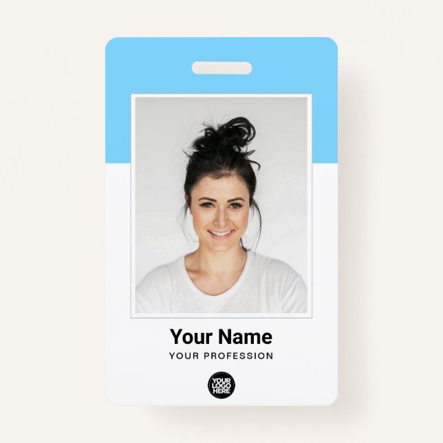 Crachá Azul Funcionário enorme Foto Qr Código do Bar Nome (Frente)