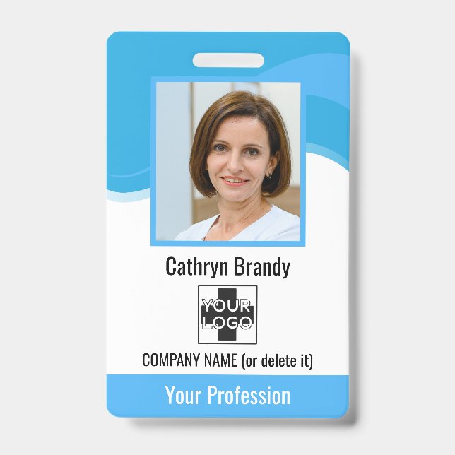 Crachá Azul Personalizado Funcionário, Foto, Código de Ba (Frente)