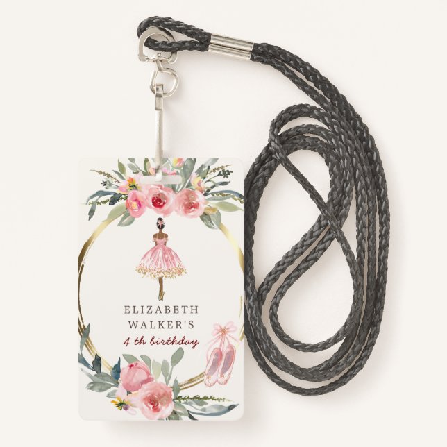 Crachá bailarina princesa festa de aniversário floral (Frente com cordão)