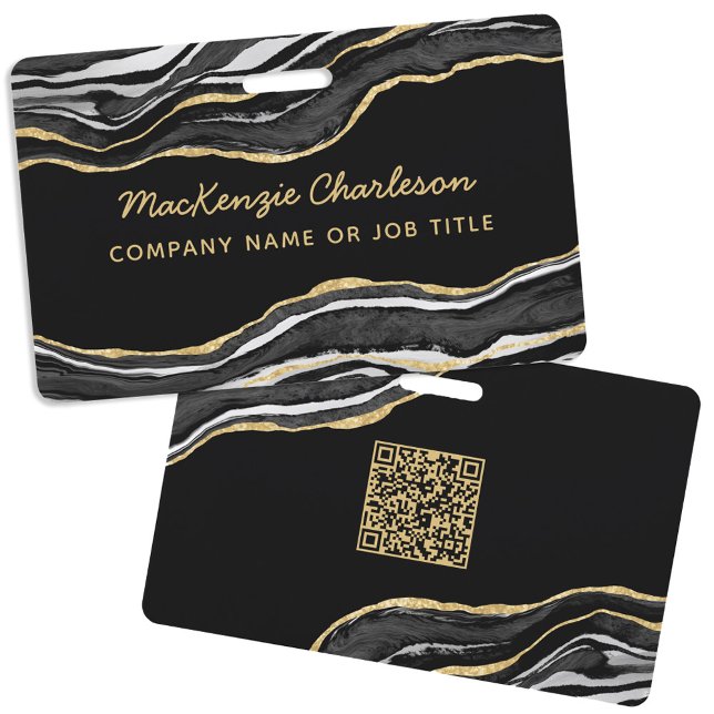 Crachá Black Marble Agate Geode Business Nome do Código Q (Black marble agate geode gold glitter effect business name badge with QR code)