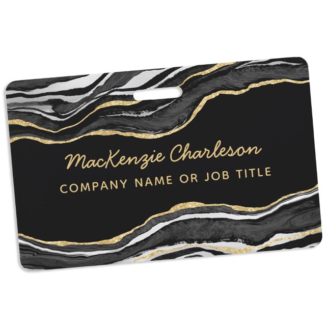 Crachá Black Marble Agate Geode Dourado Business Name (Black marble geode agate gold glitter effect modern script business name badge)