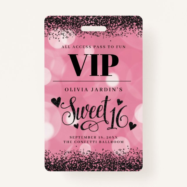 Crachá Black & Pink Glam Sweet 16 (Frente)