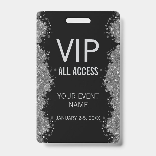 Crachá Black Silver Glitter Event VIP All Access Pass ID  (Frente)