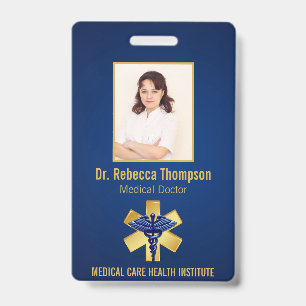Crachá Blue Medical 3D Caduceu Dourado Paramédico ID Foto