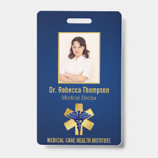 Crachá Blue Medical 3D Caduceu Dourado Paramédico ID Foto