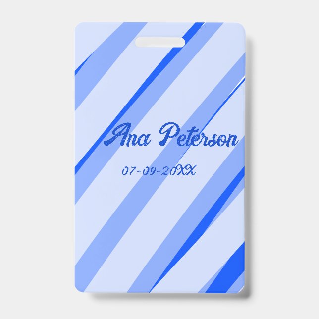 Crachá Blue pastel add name date boho retro lines pattern (Front)