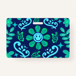 Crachá Blue Retro Style Floral and Sun Symbol Pattern