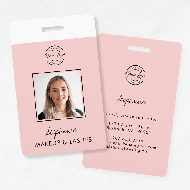 Crachá Blush Pink Script Logo Employee ID Photo Makeup (Criador carregado)