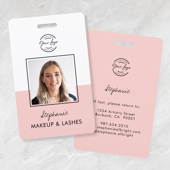 Crachá Blush Pink Script Logo Employee Photo ID Makeup (Criador carregado)