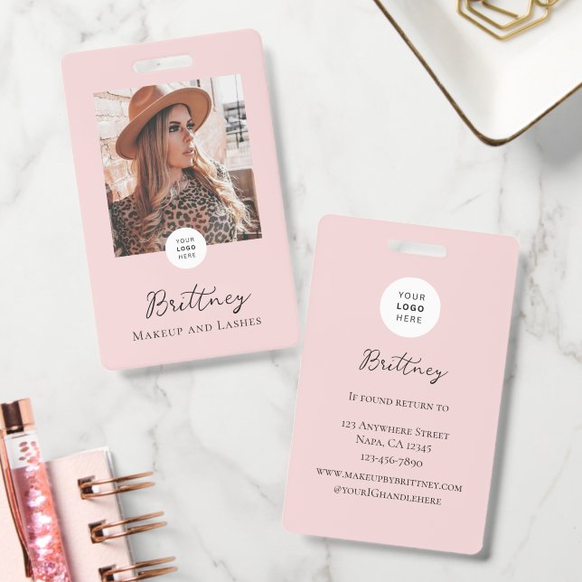 Crachá Blush Pink Script Logo Photo Makeup Badge Custom (Escritório)
