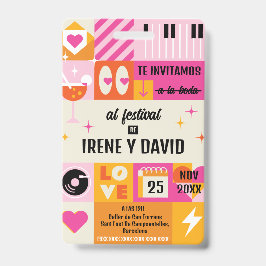 Crachá Boda Festivalera Naranja y Rosa Retro WedFest