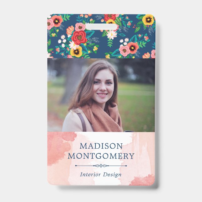 Crachá Boho Floral Patterno & Blush Pink Watercolor Foto (Frente)