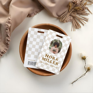 Crachá Boho Xadrez Retro Padrão Foto ID Código de Barras