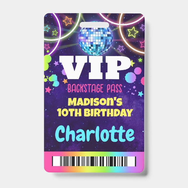 Crachá Bola Disco VIP Backstage Pass Birthday Lanyard (Frente)