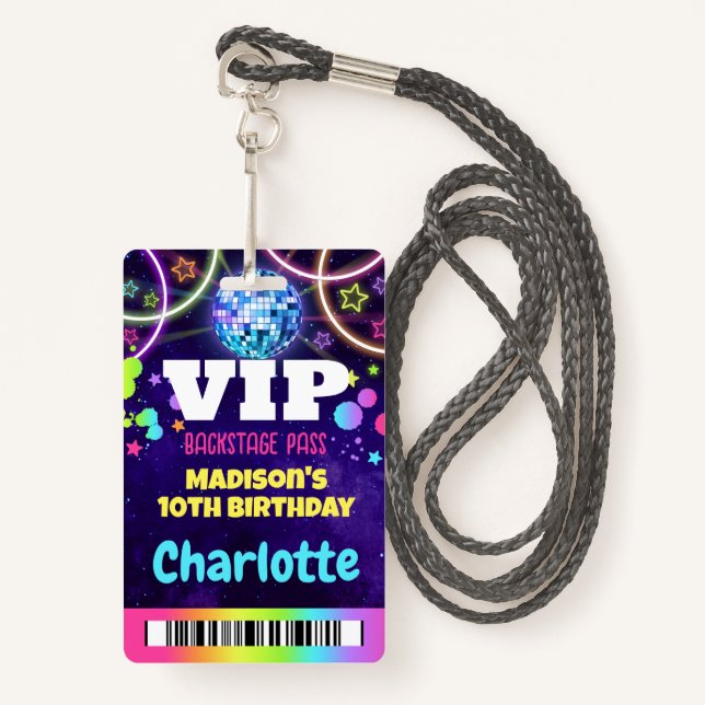 Crachá Bola Disco VIP Backstage Pass Birthday Lanyard (Frente com cordão)