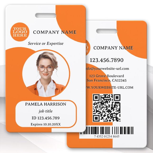 Crachá Bold Orange White Retro Photo ID (Photo ID badge featuring your custom photo and logo on a colorful orange white retro design)