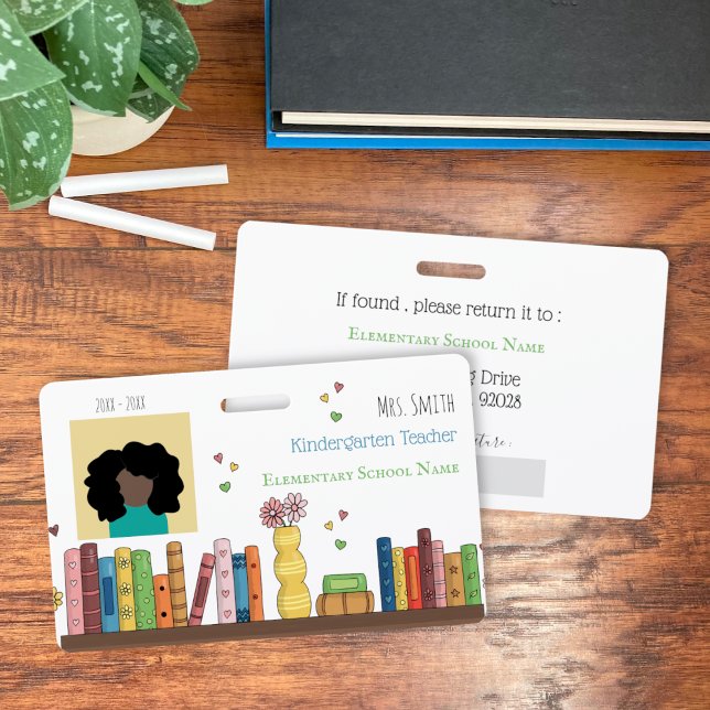 Crachá Books Kindergarten Teacher White Photo ID Badge (Kindergarten teacher white photo ID horizontal badge with a watercolor bookshelf .)