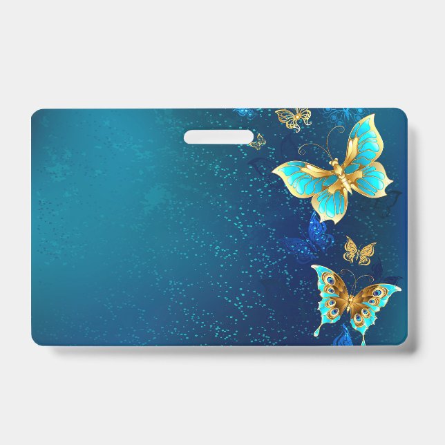 Crachá Borboletas Douradas em um Fundo Azul (Frente)