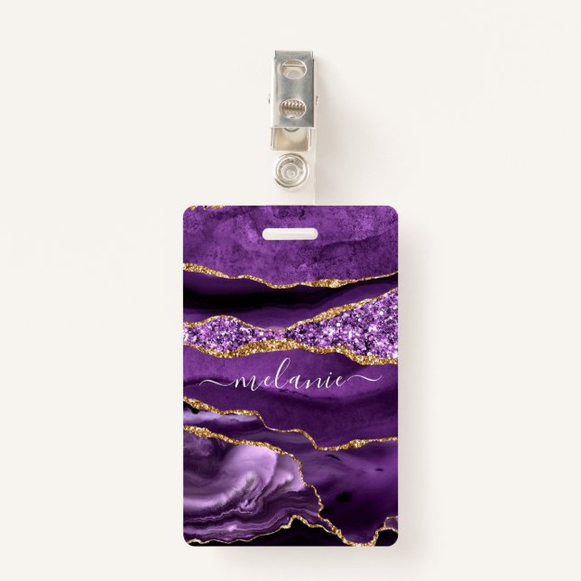 Crachá brilhante Dourado Roxo com nome personaliza (Frente com Clipe)