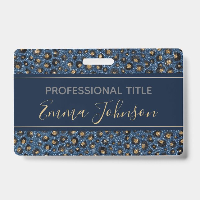 Crachá Brilho Azul Elegante Preto Dourado Impressão Leopa (Frente)