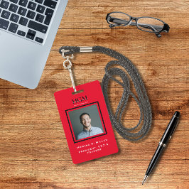 Crachá Business Modern Black Red Monograma Foto do logoti