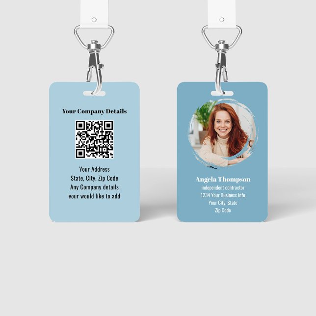Crachá Business Photo QR Code Blue Employee (Blue photo business ID Badge.)