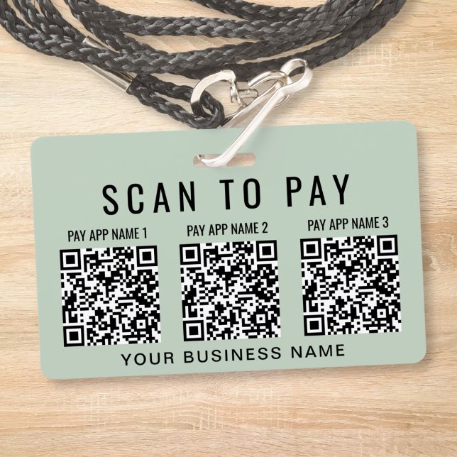 Crachá Business Scan to Pay 3 QR Codes Sage Green (Business Scan to Pay 3 QR Codes Sage Green Badge)