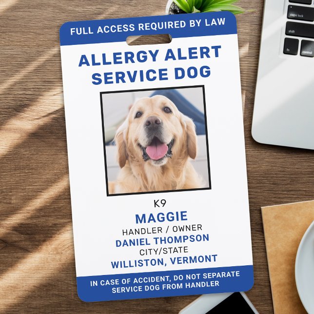 Crachá Cachorro de Serviço Alerta de Alergia Azul Foto Pe (Criador carregado)