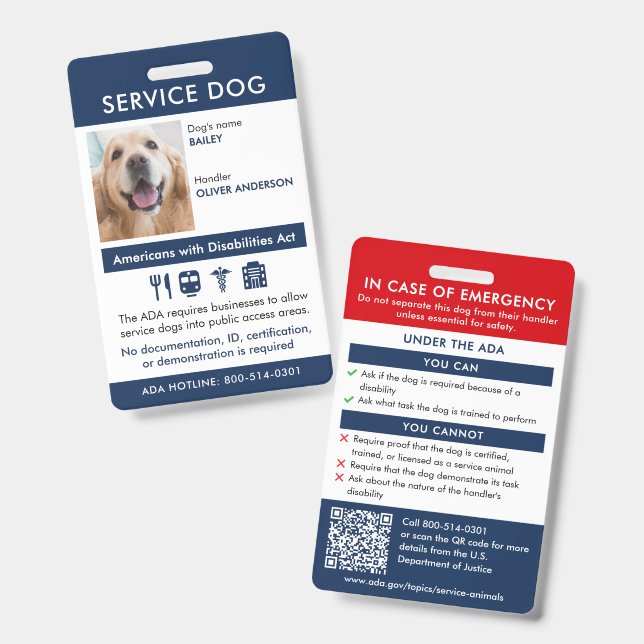 Crachá Cachorro de Serviço ID Requisitos e Informações AD (Frente e verso)