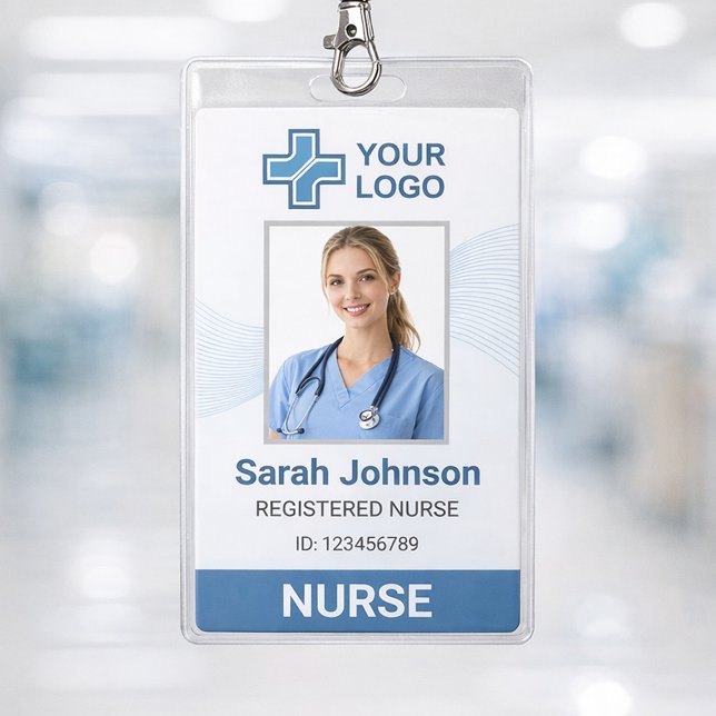 Crachá Cadalete de Enfermeira com Onda Azul Elegante e Có (Professional Nurse ID Badge Template – Clean and modern medical staff ID card )