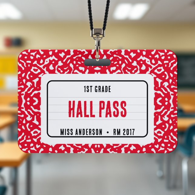 Crachá Caderno de composição Sala de aula Passagem Vermel (Composition Notebook Classroom Hall Pass Red Badge
)