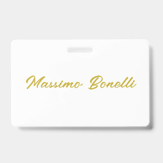 Crachá Caligrafia Elegante Dourado Branco Simples Nome