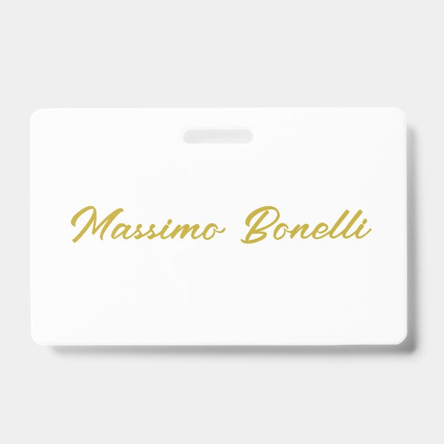 Crachá Caligrafia Elegante Dourado Branco Simples Nome (Frente)