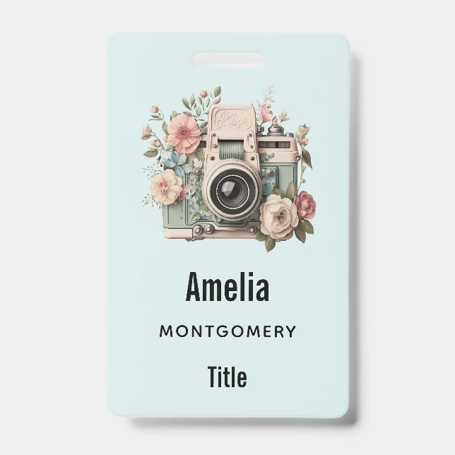 Crachá Câmera com Imagem Retro Pastel de Flores (Frente)