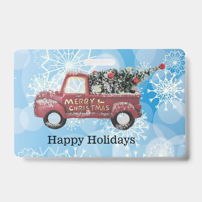 Crachá caminhão de colheita vermelho sobre fundo azul com (Frente)