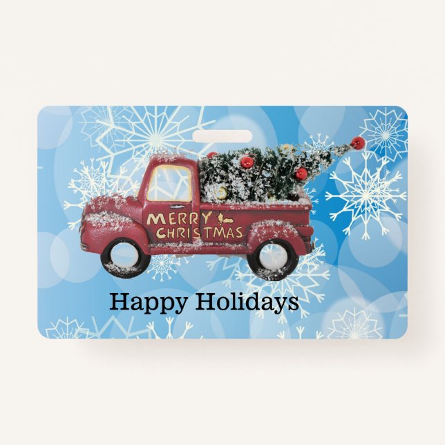 Crachá caminhão de colheita vermelho sobre fundo azul com (Frente)