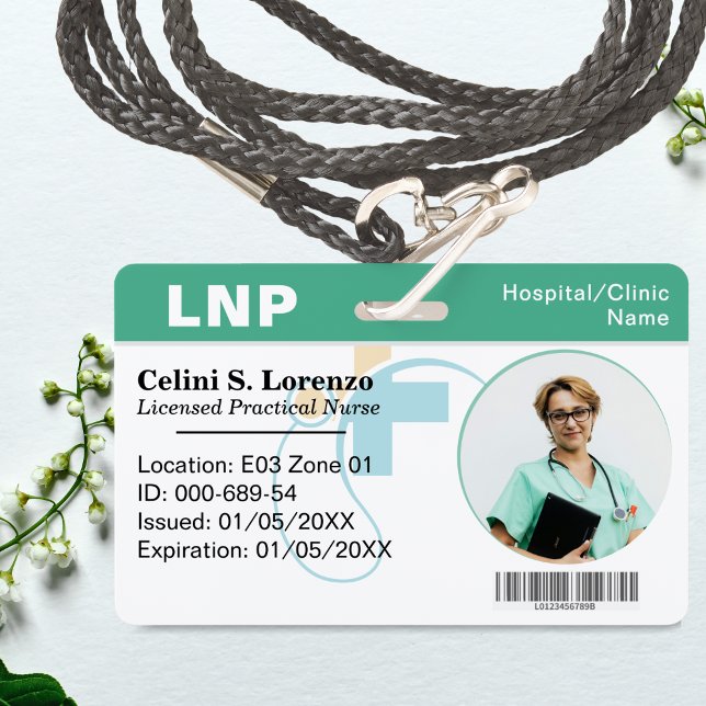 Crachá Cargão de Identificação com Foto de Funcionário Mé (Hospital Medical Employee Photo ID Badge – Soft Green)