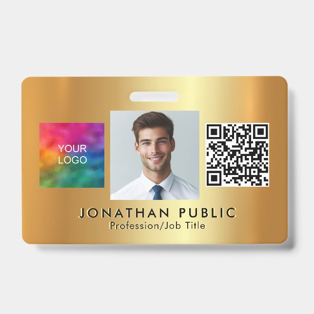 Crachá Carregue seu logotipo Código QR Foto Dourada para  (Frente)