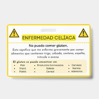 Crachá Cartão de Alerta de Doença Celíaca Alergia ao Glút