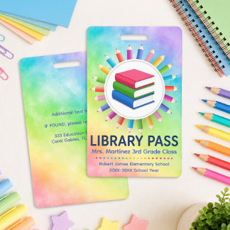 Crachá Cartão de Biblioteca Personalizado Lápis Arco-Íris